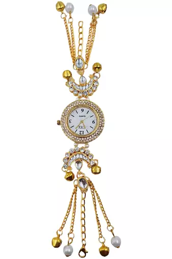 gold  color women gold-toned kashmiri pearl & stone-studded ethnic wrist watch