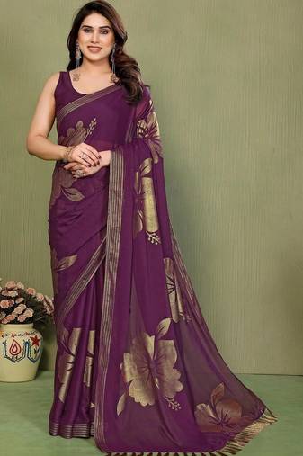 Purple pure georgette printed saree with blouse
