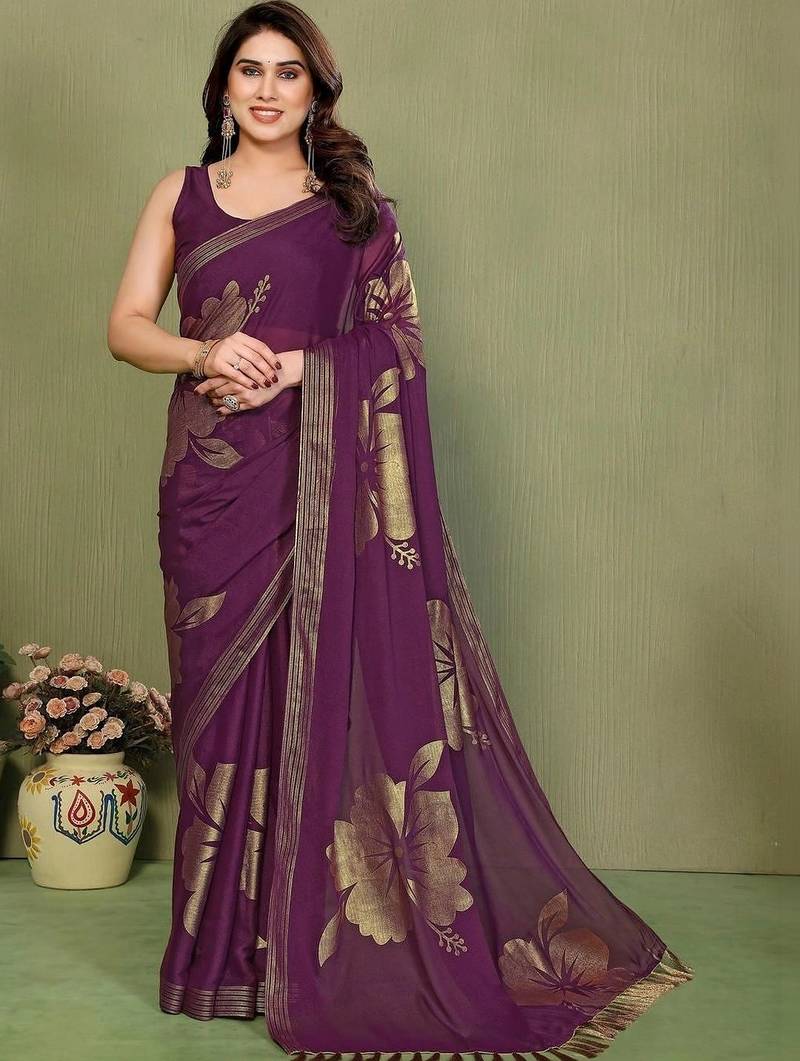 Purple pure georgette printed saree with blouse