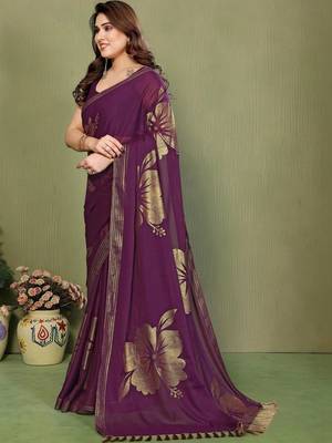 Purple pure georgette printed saree with blouse 2