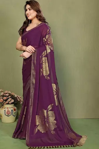 Purple pure georgette printed saree with blouse