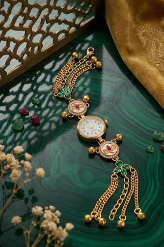 green  color women gold-toned kashmiri pearl & stone-studded ethnic wrist watch