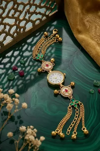 green  color women gold-toned kashmiri pearl & stone-studded ethnic wrist watch
