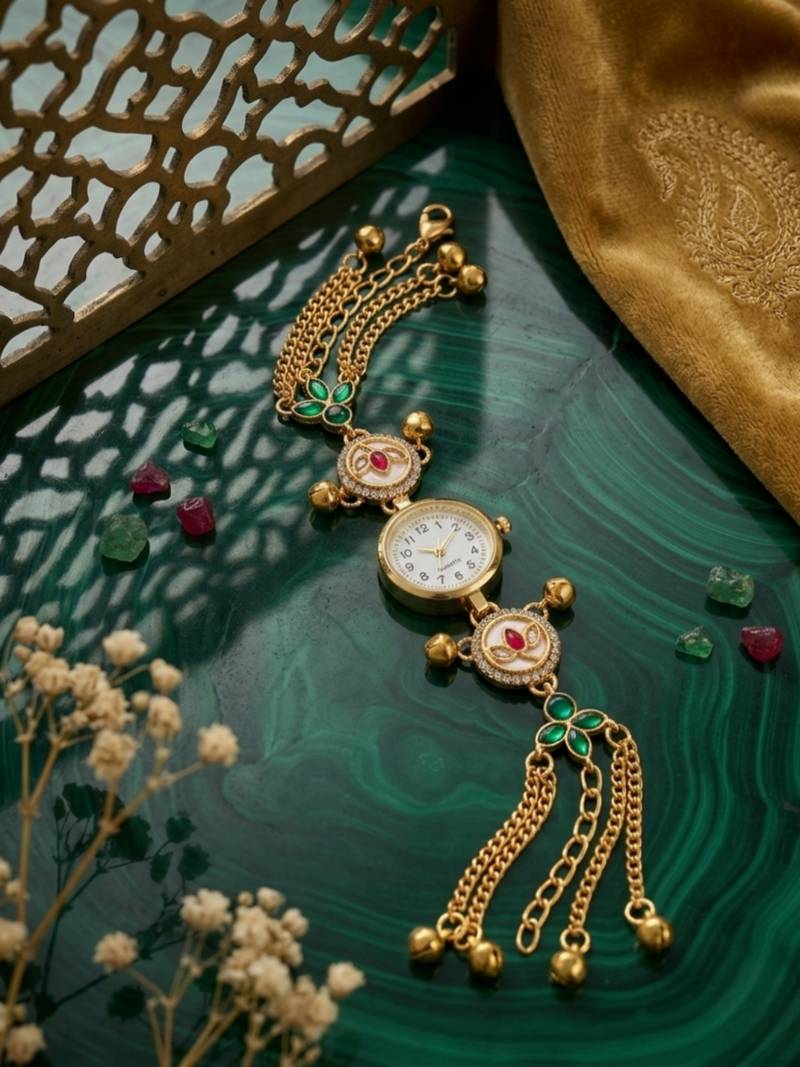 green  color women gold-toned kashmiri pearl & stone-studded ethnic wrist watch
