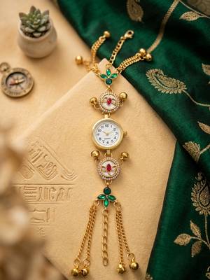 green  color women gold-toned kashmiri pearl & stone-studded ethnic wrist watch 2