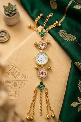 green  color women gold-toned kashmiri pearl & stone-studded ethnic wrist watch