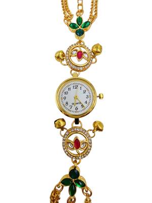 green  color women gold-toned kashmiri pearl & stone-studded ethnic wrist watch 3