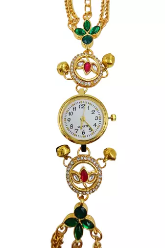 green  color women gold-toned kashmiri pearl & stone-studded ethnic wrist watch