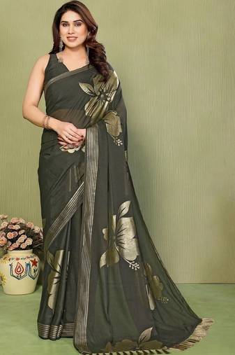 Olive pure georgette printed saree with blouse