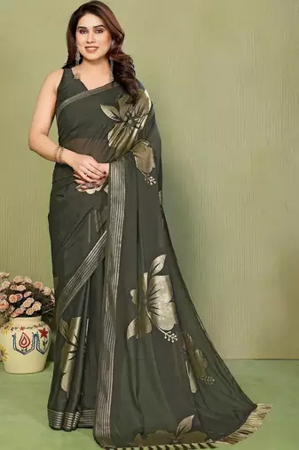 Olive pure georgette printed saree with blouse