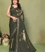 Olive pure georgette printed saree with blouse
