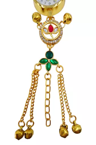 green  color women gold-toned kashmiri pearl & stone-studded ethnic wrist watch