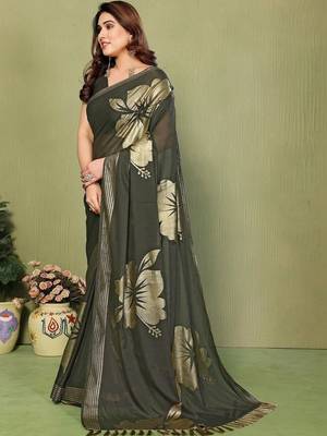 Olive pure georgette printed saree with blouse 2