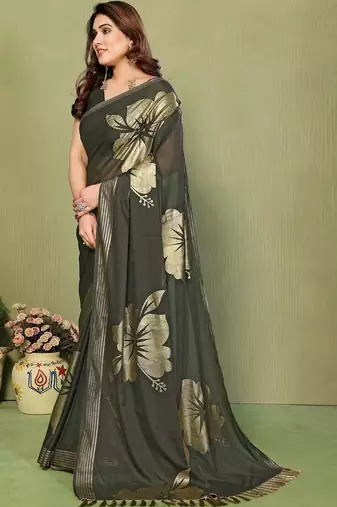 Olive pure georgette printed saree with blouse
