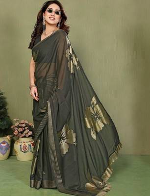 Olive pure georgette printed saree with blouse 3