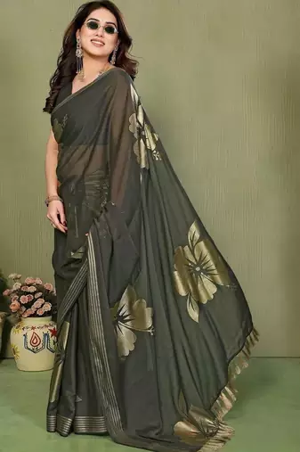 Olive pure georgette printed saree with blouse