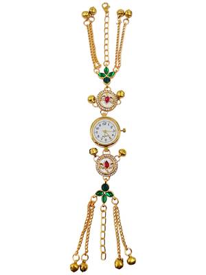 green  color women gold-toned kashmiri pearl & stone-studded ethnic wrist watch 5