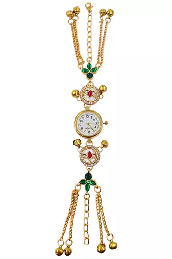 green  color women gold-toned kashmiri pearl & stone-studded ethnic wrist watch