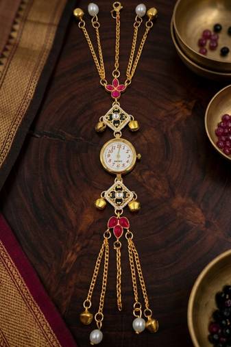 pink  color women gold-toned kashmiri pearl & stone-studded ethnic wrist watch