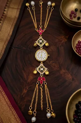 pink  color women gold-toned kashmiri pearl & stone-studded ethnic wrist watch