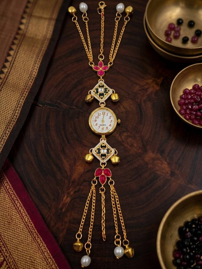 pink  color women gold-toned kashmiri pearl & stone-studded ethnic wrist watch