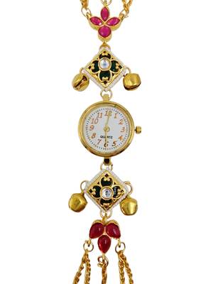 pink  color women gold-toned kashmiri pearl & stone-studded ethnic wrist watch 3