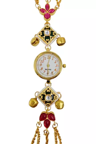 pink  color women gold-toned kashmiri pearl & stone-studded ethnic wrist watch