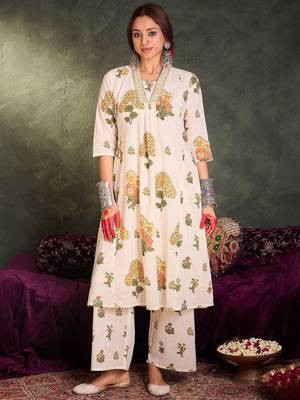 Floral Printed Pure Cotton V-Neck A-Line Kurta With Palazzos 1
