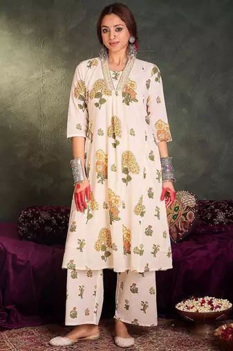 Floral Printed Pure Cotton V-Neck A-Line Kurta With Palazzos