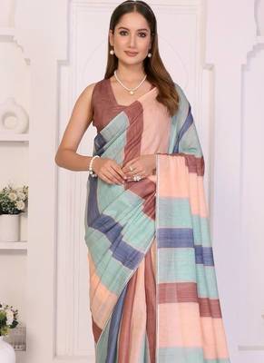 Multicolor linen striped saree with blouse 2