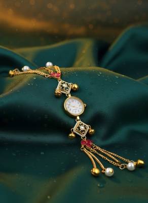pink  color women gold-toned kashmiri pearl & stone-studded ethnic wrist watch 4