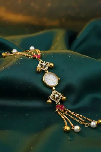 pink  color women gold-toned kashmiri pearl & stone-studded ethnic wrist watch