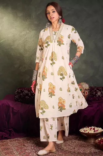 Floral Printed Pure Cotton V-Neck A-Line Kurta With Palazzos