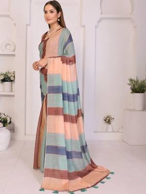 Multicolor linen striped saree with blouse 3