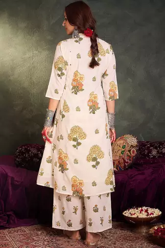 Floral Printed Pure Cotton V-Neck A-Line Kurta With Palazzos