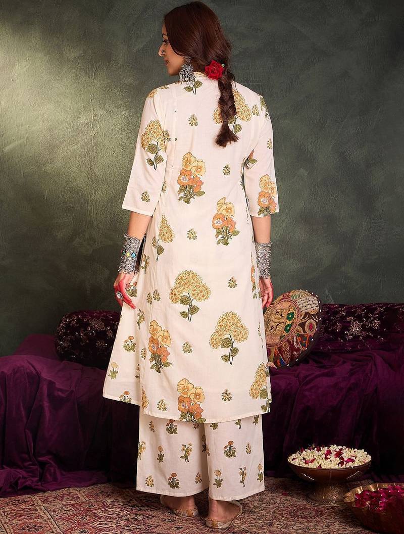 Floral Printed Pure Cotton V-Neck A-Line Kurta With Palazzos