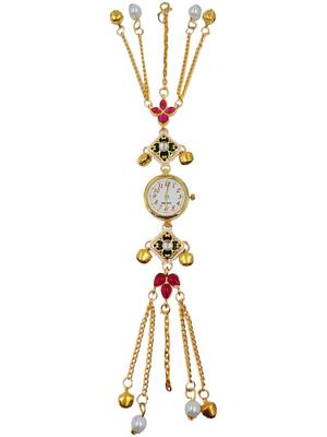 pink  color women gold-toned kashmiri pearl & stone-studded ethnic wrist watch 5