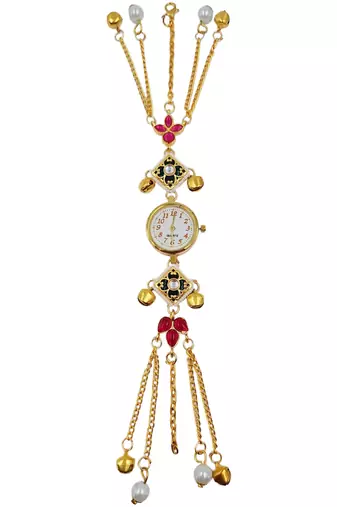 pink  color women gold-toned kashmiri pearl & stone-studded ethnic wrist watch