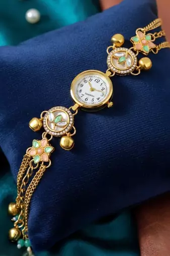 green  color women gold-toned kashmiri pearl & stone-studded ethnic wrist watch