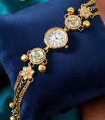 green  color women gold-toned kashmiri pearl & stone-studded ethnic wrist watch