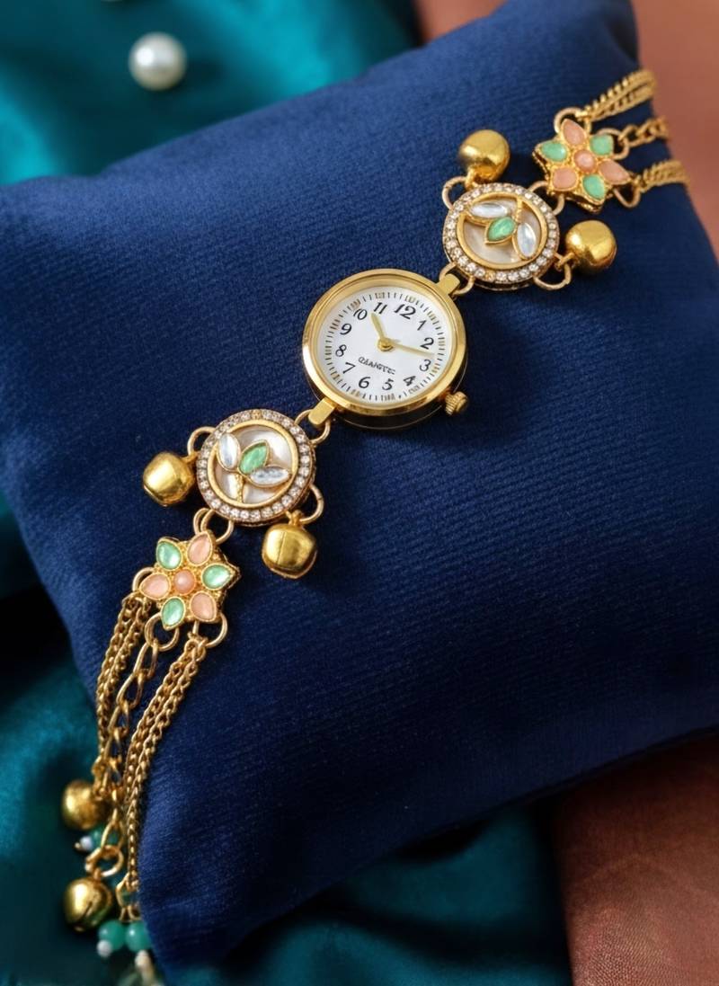 green  color women gold-toned kashmiri pearl & stone-studded ethnic wrist watch
