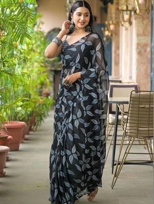 Black chiffon printed saree with blouse 1
