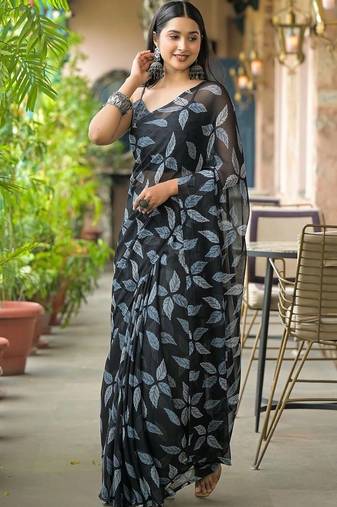 Black chiffon printed saree with blouse