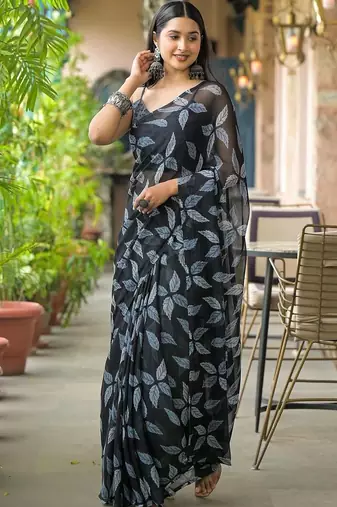 Black chiffon printed saree with blouse