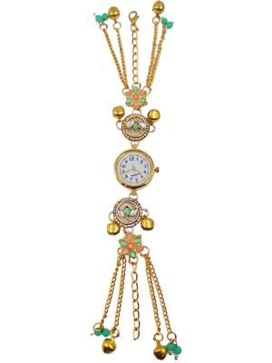 green  color women gold-toned kashmiri pearl & stone-studded ethnic wrist watch 2