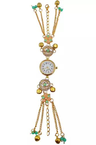 green  color women gold-toned kashmiri pearl & stone-studded ethnic wrist watch