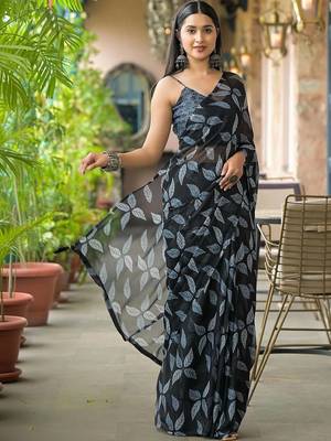 Black chiffon printed saree with blouse 2