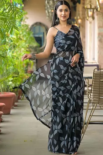 Black chiffon printed saree with blouse