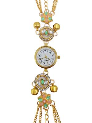 green  color women gold-toned kashmiri pearl & stone-studded ethnic wrist watch 3