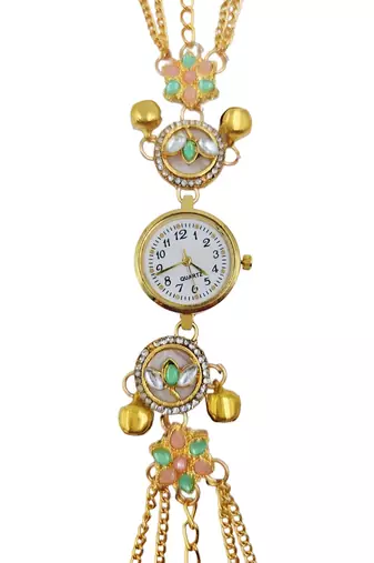 green  color women gold-toned kashmiri pearl & stone-studded ethnic wrist watch